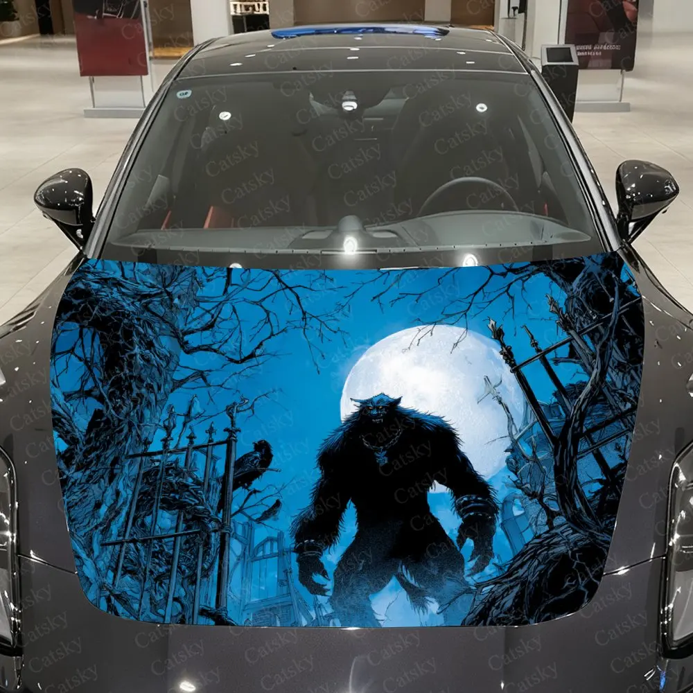 Werewolf Under The Moonlight PVC Sticker For Car Hoods, Long-Lasting Car Accessories For Hood Packaging