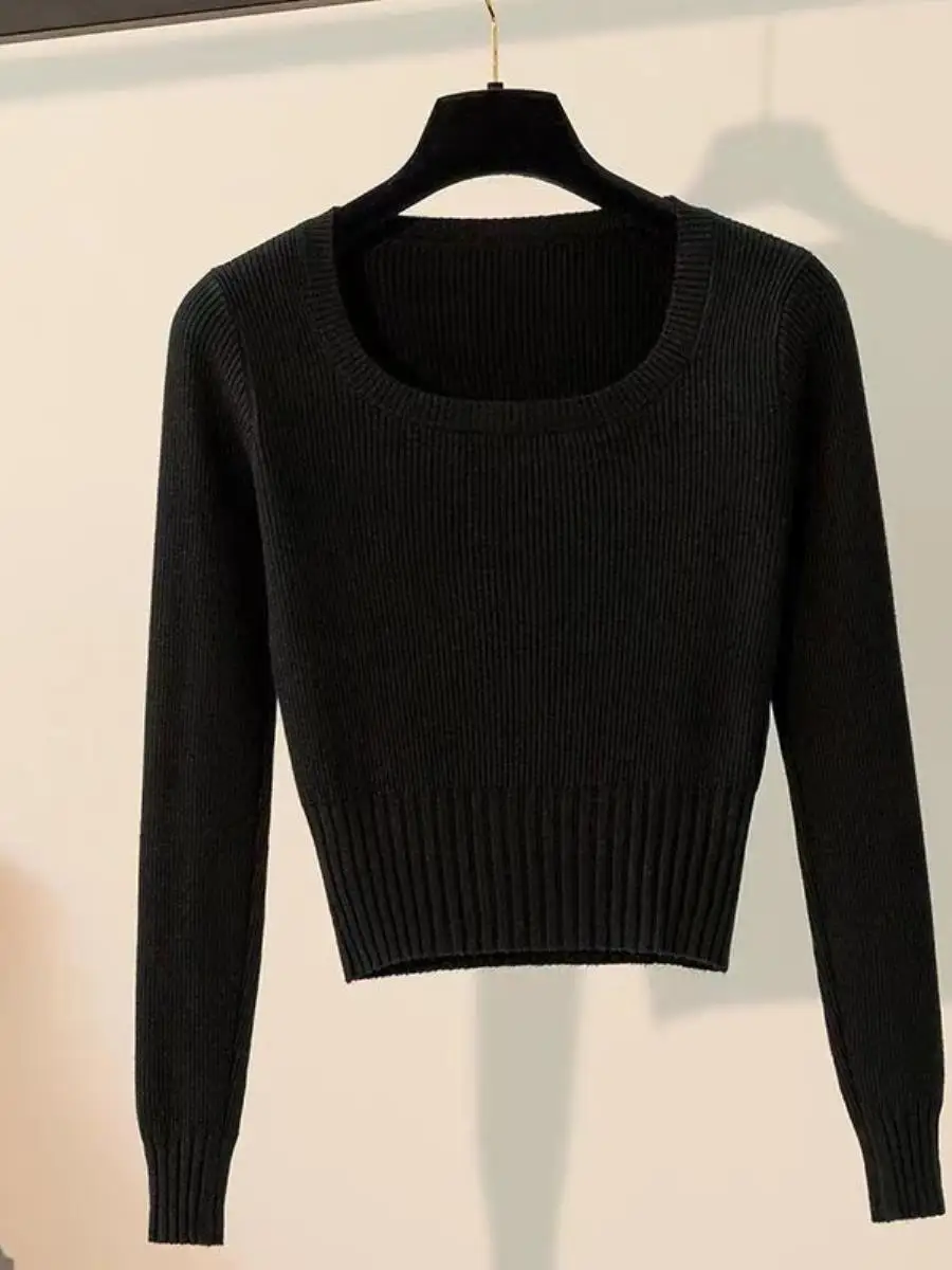 Slim Fit Base lavorata a maglia irt Maglia lunga da donna con colletto quadrato Sve sopra la testa inizio primavera ort Sle maglione dimagrante cinccato in vita