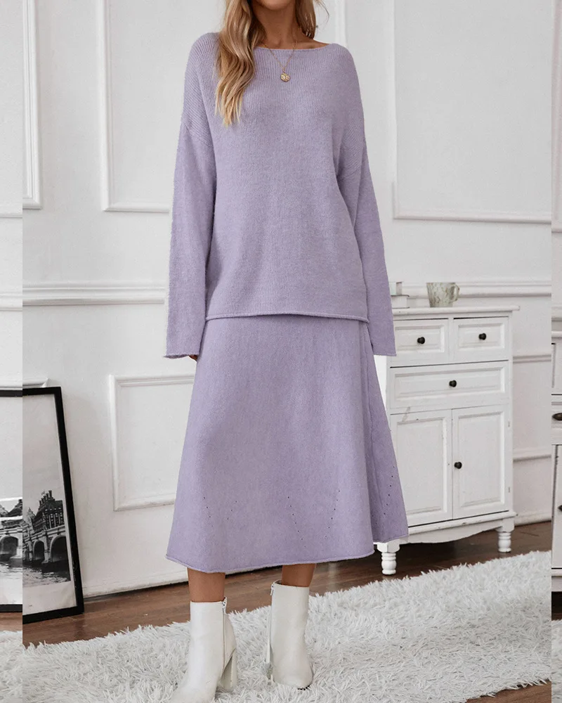 oulder Bared Knitted Sweater And f Skirt Set Women's Faion Ensemble Polyester Fabric Autumn Collection 2023