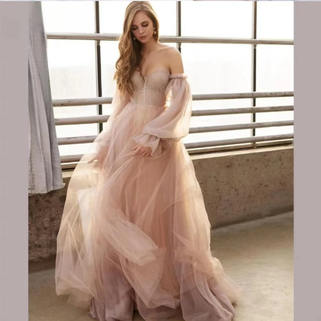 

Elegant Pink chiffon Evening Dress With Detachable Sleeves Luxury A-line Prom Gowns Gorgeous Formal Gowns Custom Size Vestidos