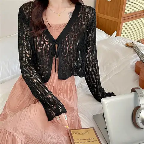 여성용 얇은 자외선 차단 가디건, 레이스업 니트웨어 상의, 할로우 아웃 반팔 짧은 코트, 한국 스타일, 여름