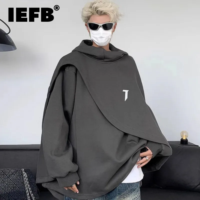 IEFB Dark Style Printing Men's Sweatshirt Hooded Solid Color Male Thickened Fleece Tops Cape Design Fashion Male Hoodies 9C3660