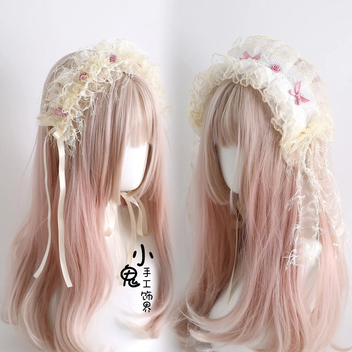 

Повязка на голову ручной работы в стиле Лолита, молочно-желтая, с цветочными элементами, в виде шара, с бантом, аксессуары для волос