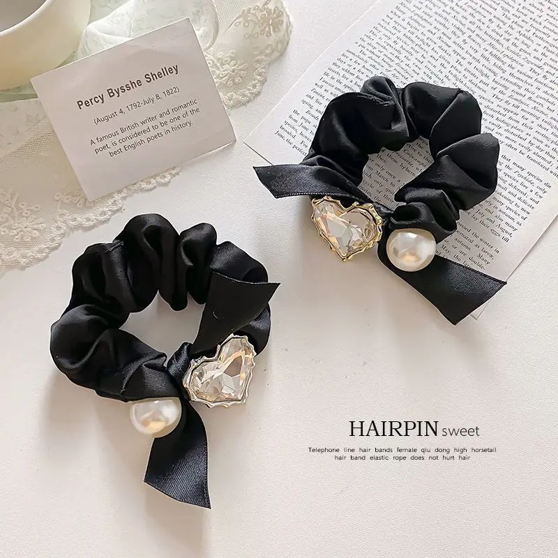 Elegant Faux Crystal Heart Hair Tie Exquisite Imitation Pearl Bow Elastic Hairband For Women Ponytail Holder Scrunchies Headwear