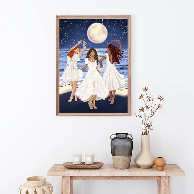 Womens Under The Moon Dance Unity Friendship Posters and Prints Canvas Printing Wall Art Picture for Living Room Home Decoration