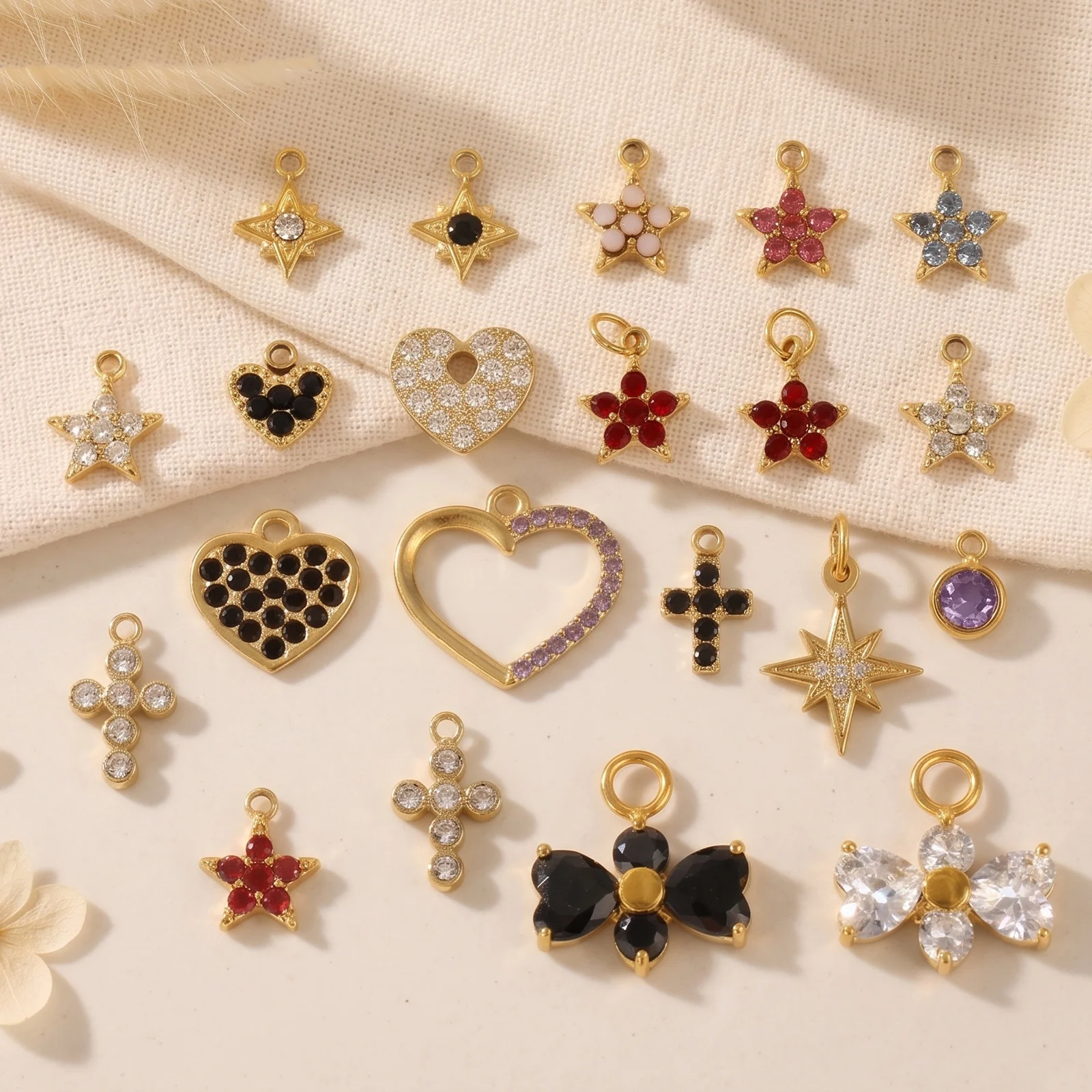 1 Piece Mini Flower Heart Star 304 Stainless Steel Charms Multicolor Cubic Zirconia 18K Gold Plated Pendant DIY Necklace Making