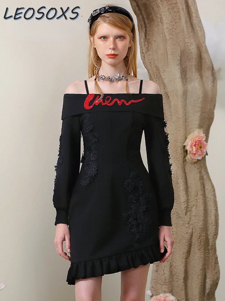 High-Grade Black Knitted Dresses Women 2023 New Autumn Winter Elegant Graceful Slim Slimming Off-Shoulder Party Evening Dress