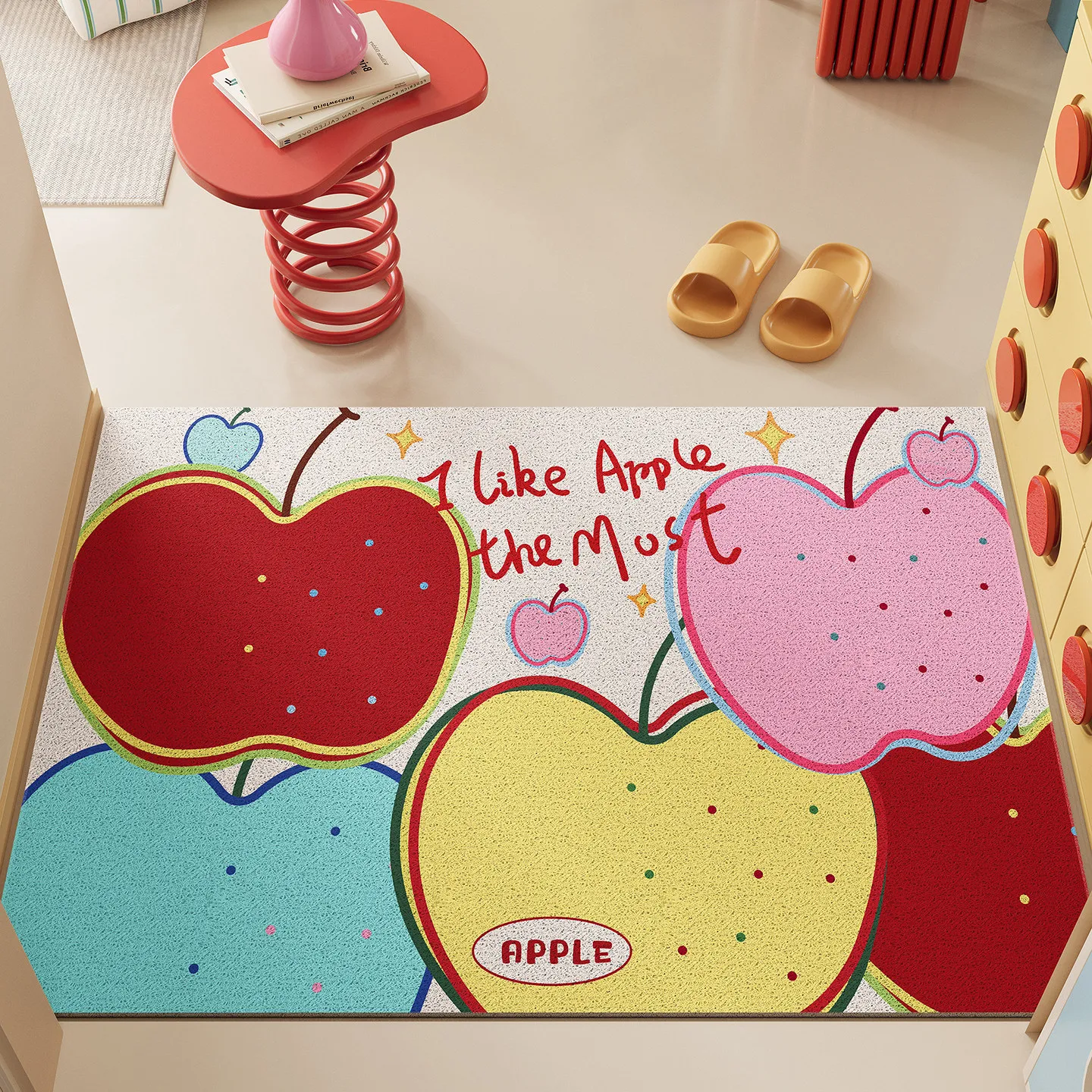 INS Colorful Cartoon Apple PVC Coil Doormat Anti Slip Entrance Door Mat Dirt Sand Trapping Waterproof Shoe Scraper Floor Rug