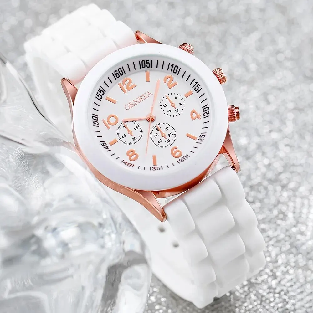 2Pcs Women Watch Luxury Fashion Elegant Alloy Wristwatch Silicone Strap Watch Quartz Holiday Gift No Box New White Watch 2023