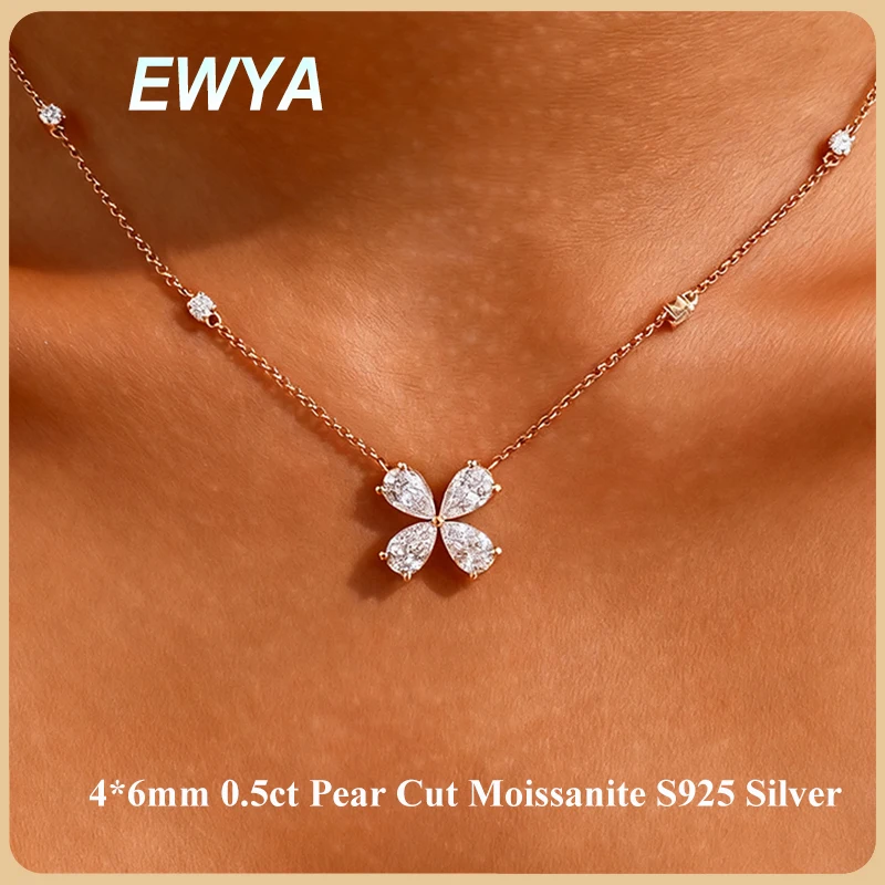 EWYA Clover Shape 0.5CT Pear Cut Moissanite Pendant Necklace Woman All Diamond s925 Silver Dainty Stacking Party Neck Chain Gift
