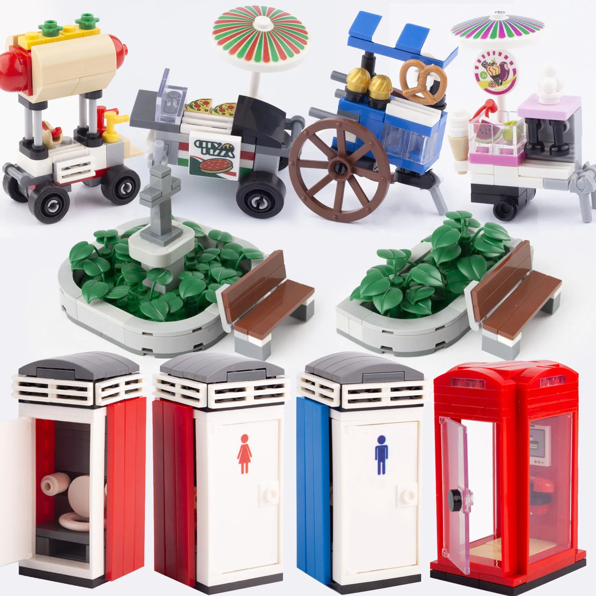 MOC Food Stall Building Blocks Call Box Toilet City Street View Pizza Hot Dog Ice Cream Trolley DIY Flower Bed Church Bricks Toy