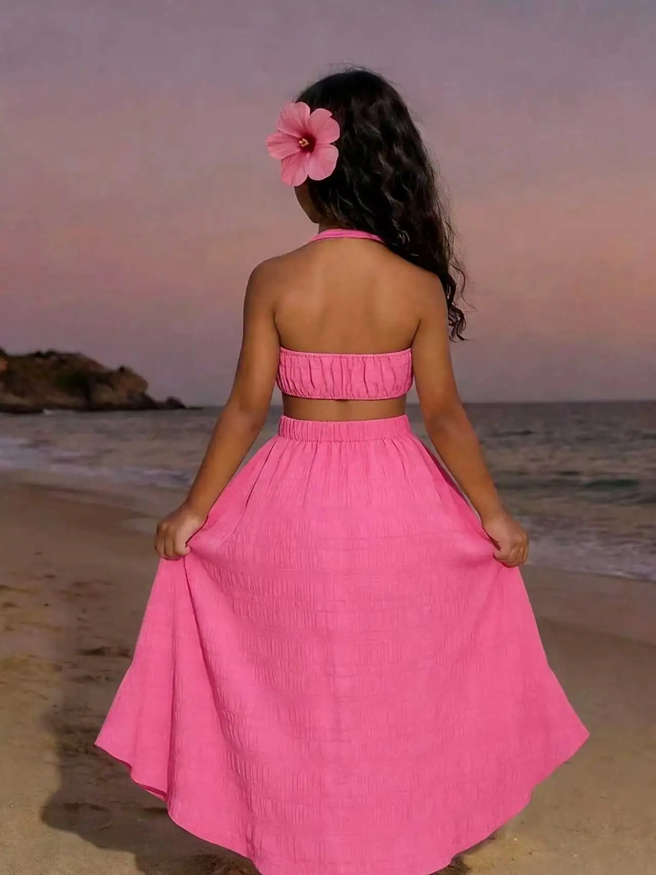 Summer Girls’ Casual Solid Color Textured Backless Sash Collar Dress, Summer Long Dress Set in Pink, Pink Dress Set, Girls’ Pink