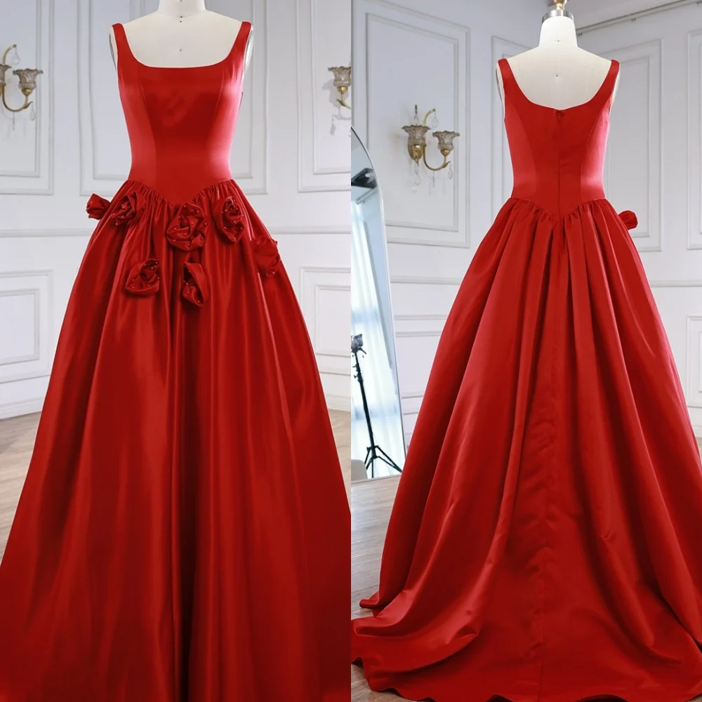 

Customized Formal Burgundy Satin Evening Dress Exquisite Square Collar Spaghetti Straps Zipper Back Flowers Homecoming Dress