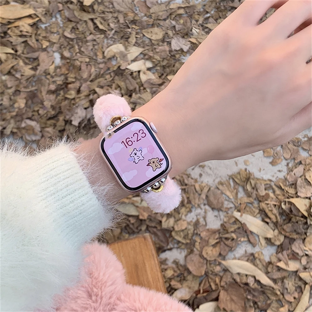 Cute Furry Maillard Plush Ball Soft Strap For Apple Watch 44mm 40 45 41 49 42 38 Gift Bracelet For Ultra Series 9 8 SE 7 6 5 4 3