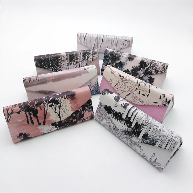 Foldable Triangular Glasses Case Vintage Pattern Chinese Tend Ink Painting Myopia Eyeglasses case Portable Hard Box With Cloth