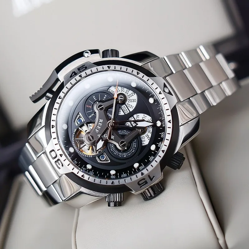 Reef Tiger For Mens Watch Male Skeleton Mechanical Automatic Wristwatch Ss316 Case New Calendar Date Skeleton Relogio Masculino