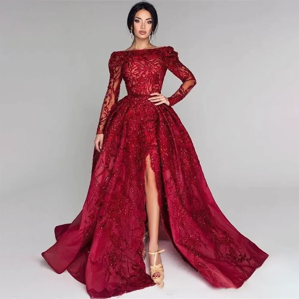 customi2024 Sparkly Sequins Lace Long Sleeve Prom Dresses Backless Sweep Train Evening Party Red Carpet Gowns Vestidos De Fiesta