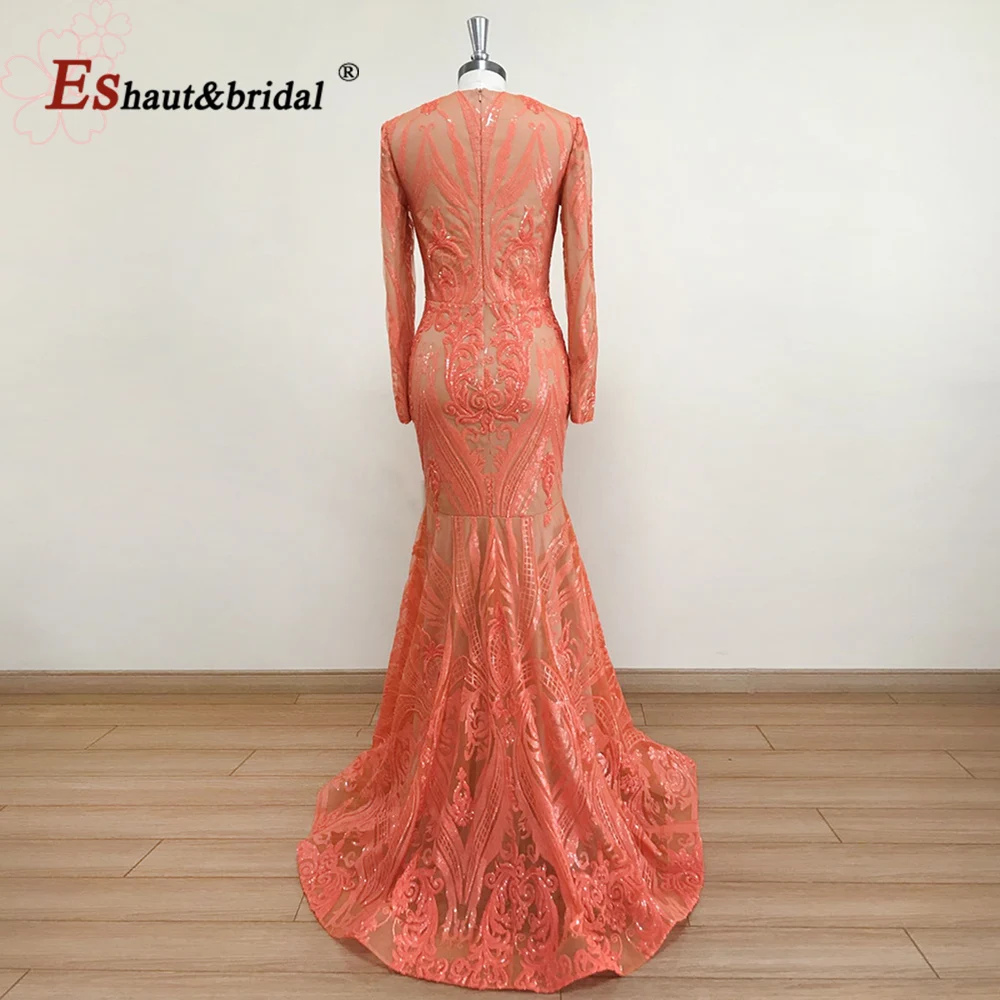 Elegante vestido de fiesta de sirena con lentejuelas para mujer, manga larga, cuello en V, negro, Formal, para boda y noche, 2022