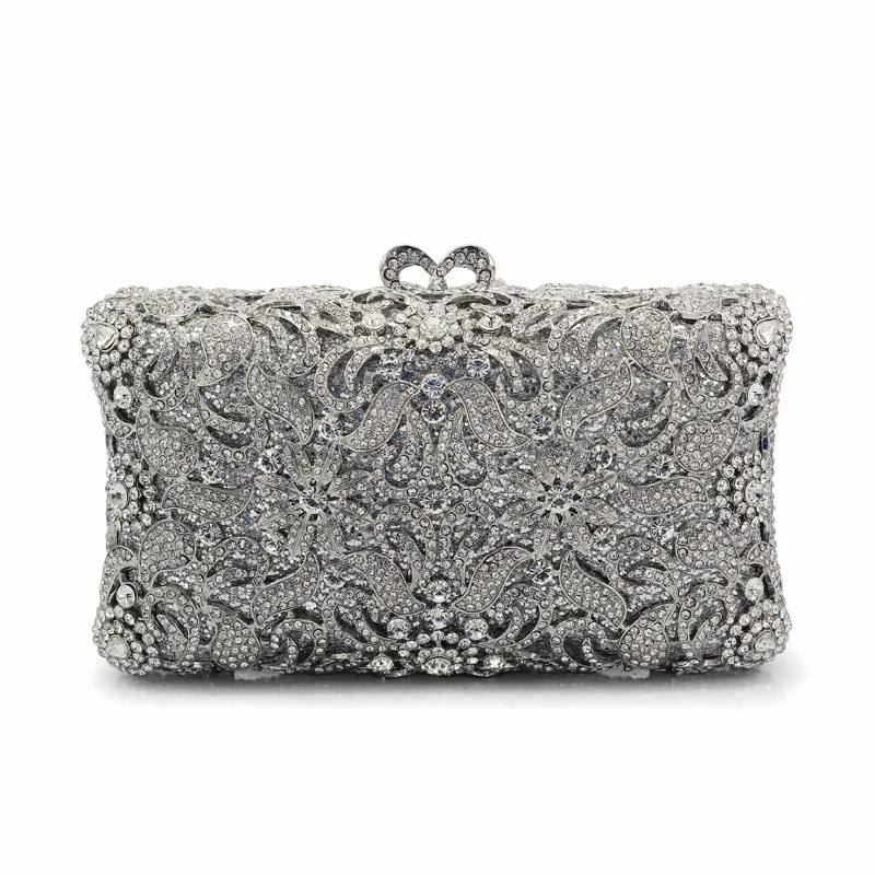 Elegant Flower Women Gold Crystal Evening Purse and Handbag Bridal Diamond Clutch Minaudiere Wedding Party Bag