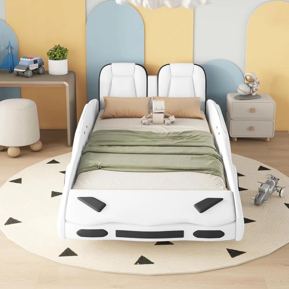 Cama de coche de carreras de tamaño doble para niños, marco de cama de coche fresco con ruedas para niños, cama doble con barandilla para niños