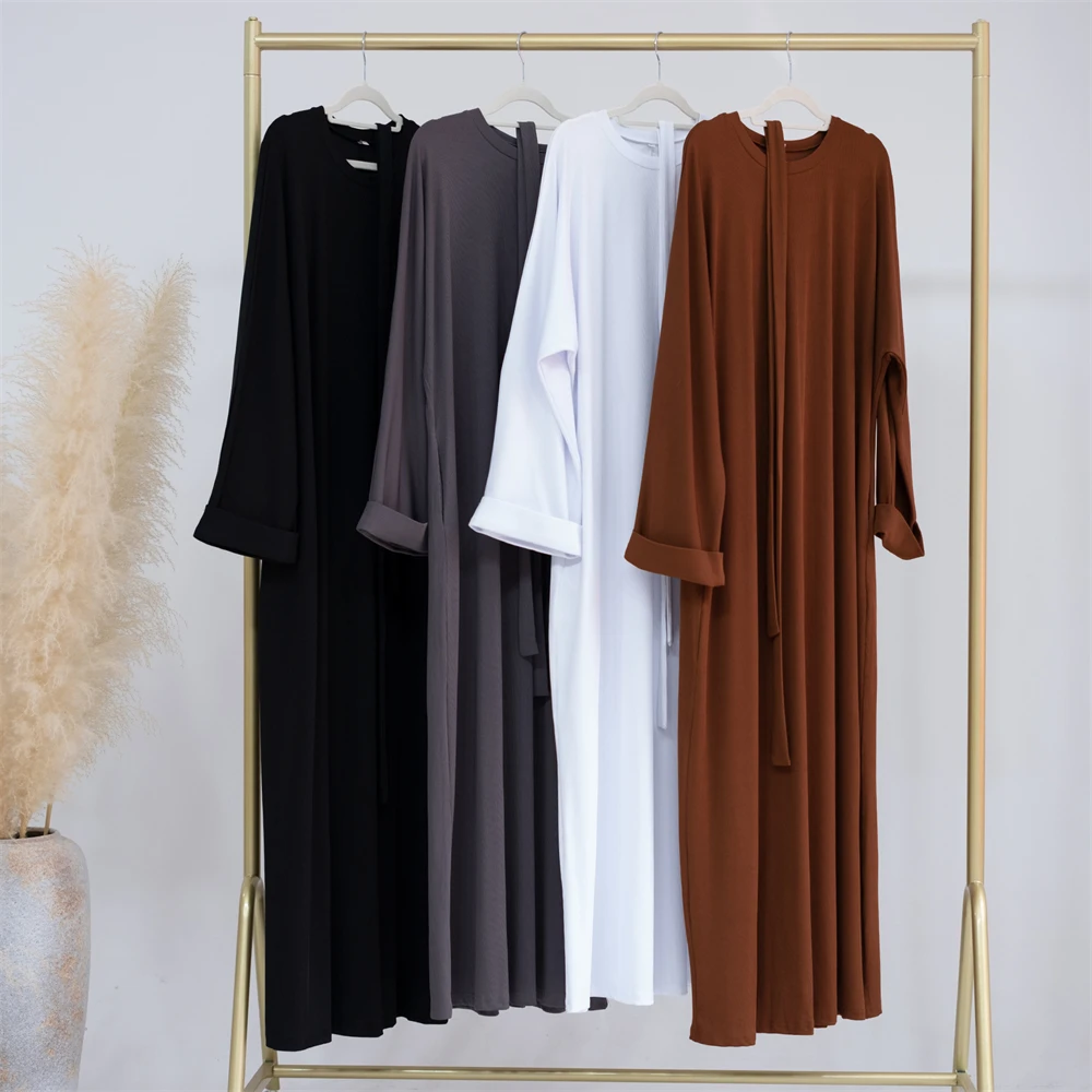 Women Dubai Abaya Turkey Hijab Dress Autumn Winter Ribbed Solid Muslim Islamic Clothing Long Sleeve Maxi Long Dress Eid Ramadan