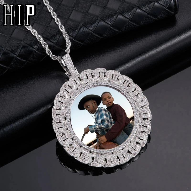 Hip Hop Personality Baguette Custom Picture Photo Memory Cubic Zircon Necklaces & Pendants For Men Women Jewelry With Solid Back