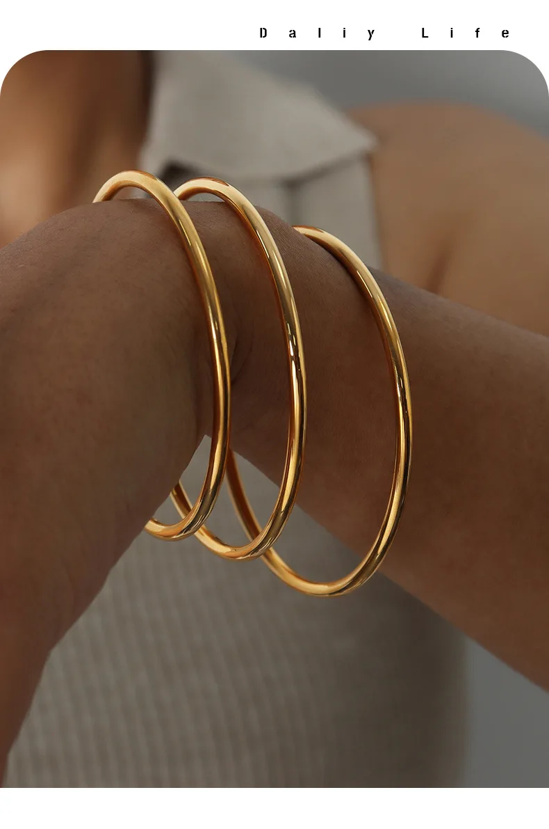 3 Teile/los Nicht Verblassen Edelstahl Armband Armreifen Für Frauen Einfache Stil Vergoldet Wasserdichte frauen Armbänder Armreif – Detail 11