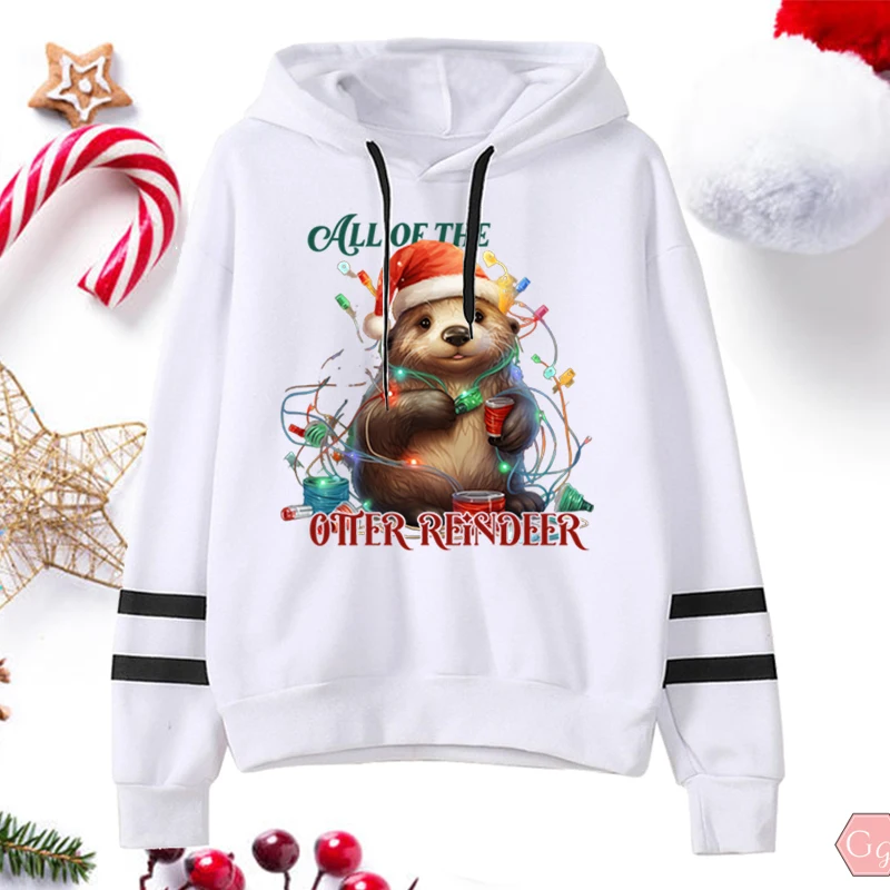 

New Long Sleeve Hoodie Christmas Light All Of The Otter Reindeer Print Long Sleeve Sweatshirt Casual Hooded Top Trend Women Tops