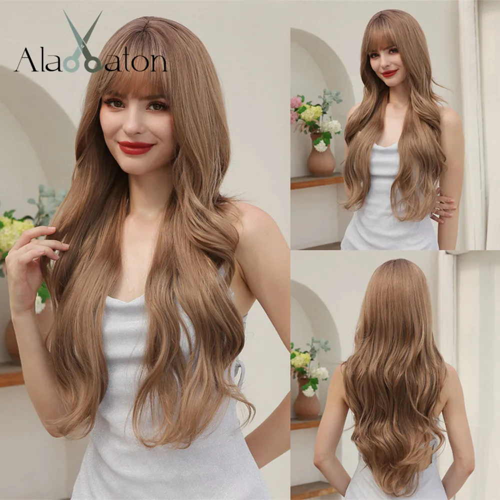 

ALAN EATON Long Body Wave Brown Wigs with Bangs Synthetic Wavy Hair Women Wig High Temperature Daily Natural Looking Fake Hair