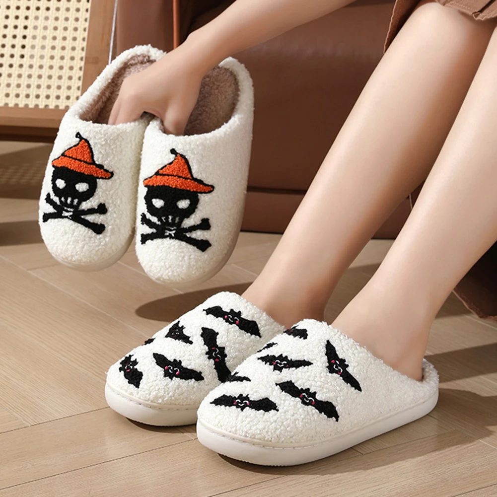 Halloween Bat/Pirate Plush Slippers Closed Toe Slippers Anti Slip Fuzzy Skull Pirate Slippers Soft for Outdoor Indoor Bedroom