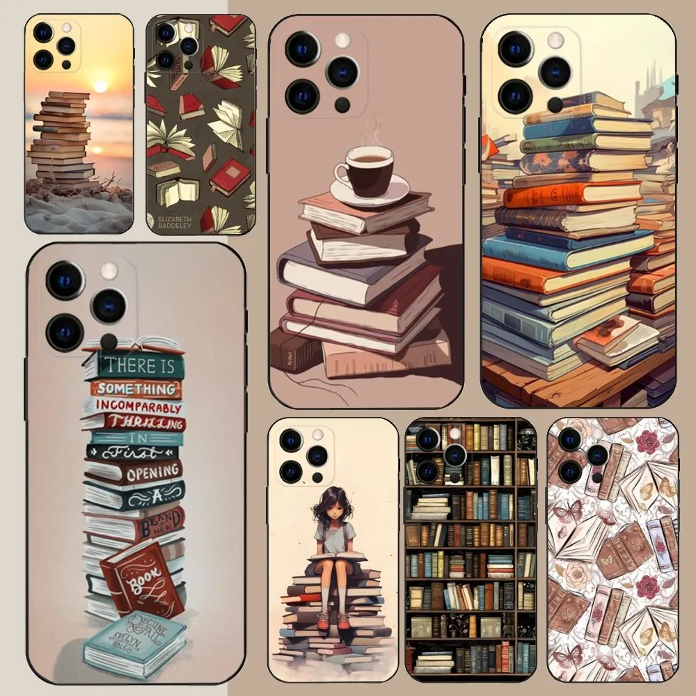 Lees boeken illustratie telefoonhoesje voor Apple iPhone 15,14,13,12,11,Pro,X,XS,Max,XR,Plus,Mini zachte zwarte cover