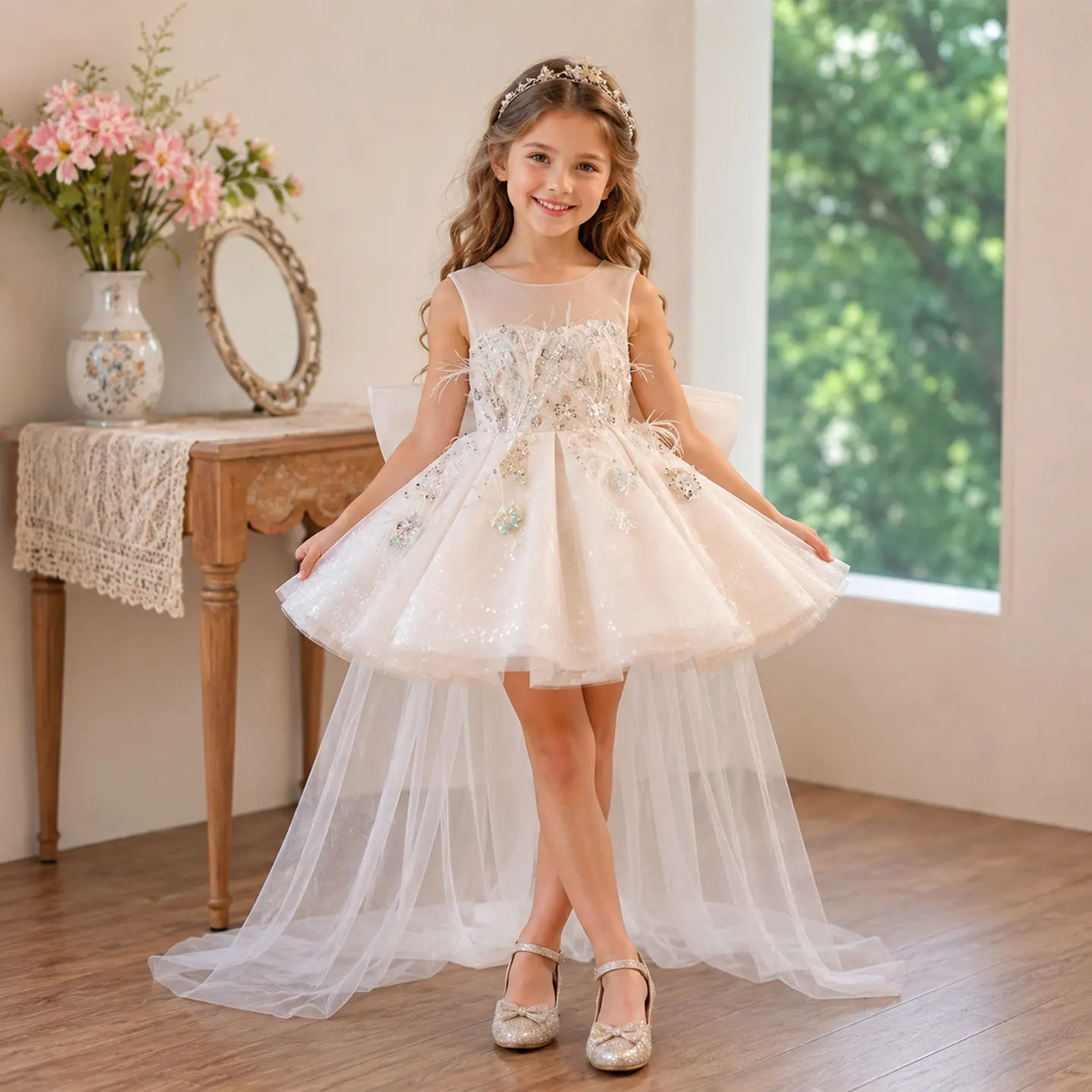 Dreamy Vow D290 Champagne Beaded Flower Girl Dress Feather Tulle Princess Gown Long Train Sequins Wedding Party Bridesmaid Dress