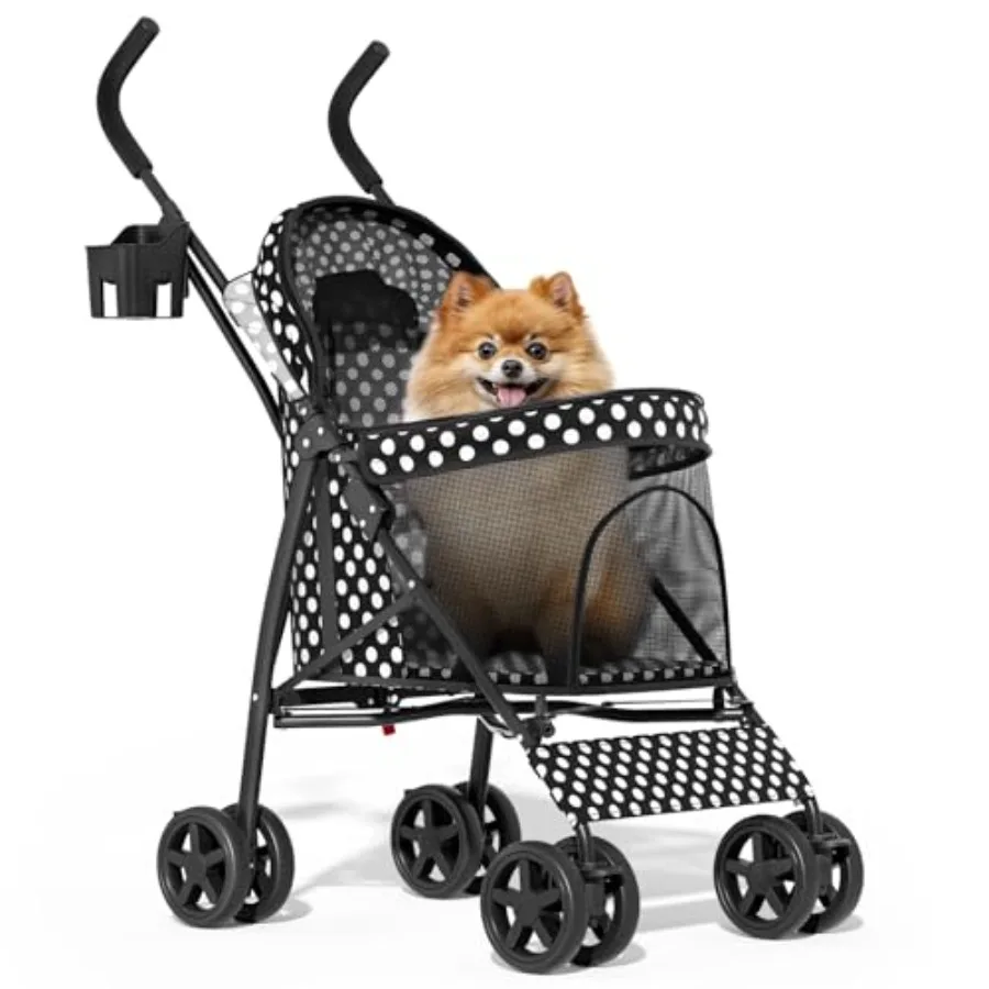 Cochecito para mascotas para perros y gatos pequeños/medianos, poliéster con estampado de lunares negros, diseño de paraguas fácil de plegar, movilidad con 4 ruedas