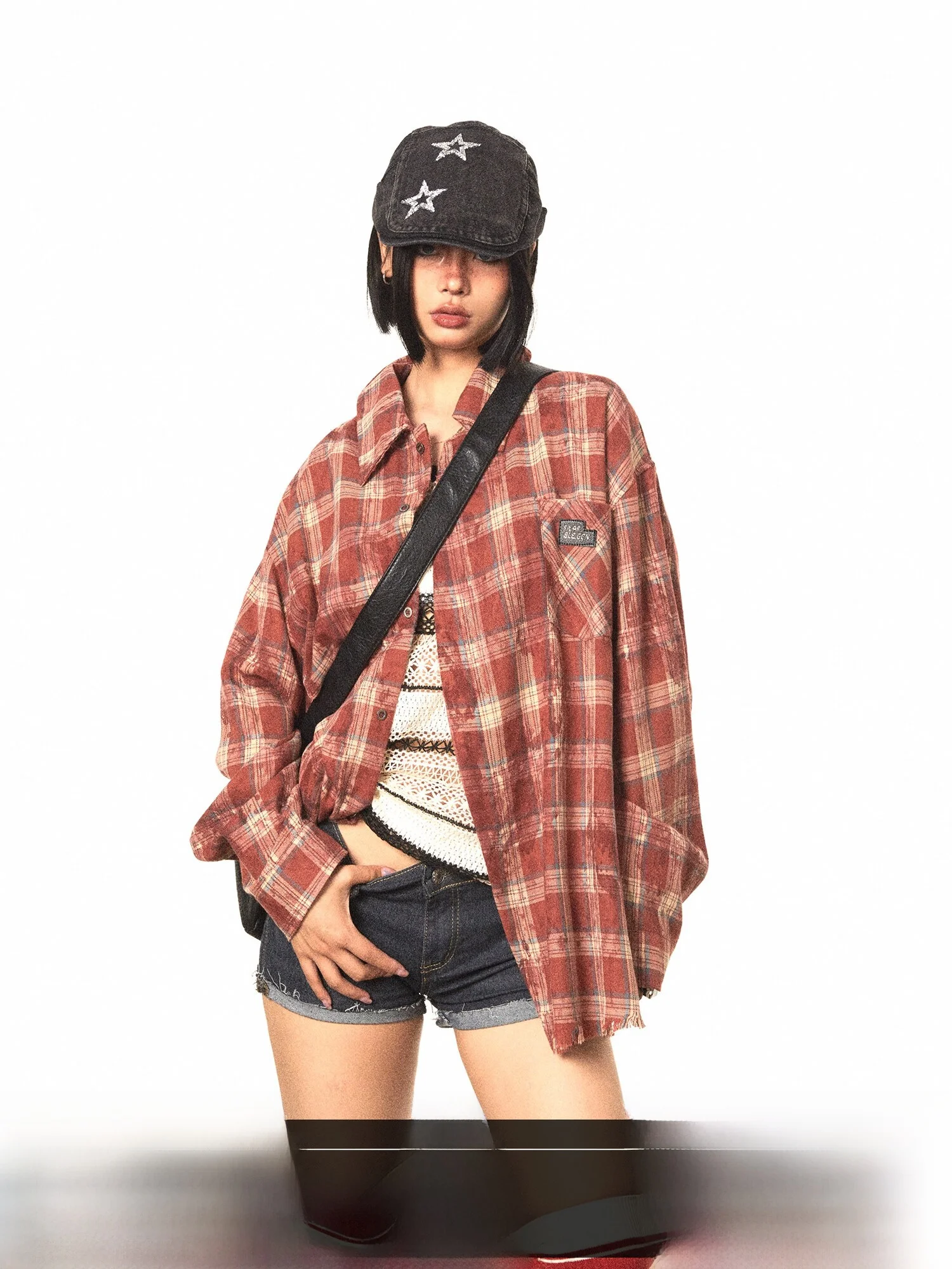 

Retro Dyeing Splashed Ink Plaid Loose Casual Sun Protection Shirt Women's Fashionable Versatile Long Sleeve Polyester Cotton ...