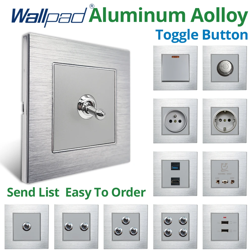 Wallpad Silver Aluminum Alloy Panel 1 2 3 4 Gang 1 2 Way Toggle Button Wall Light Switches HDMI USB RJ45 Socket Plug Outlet