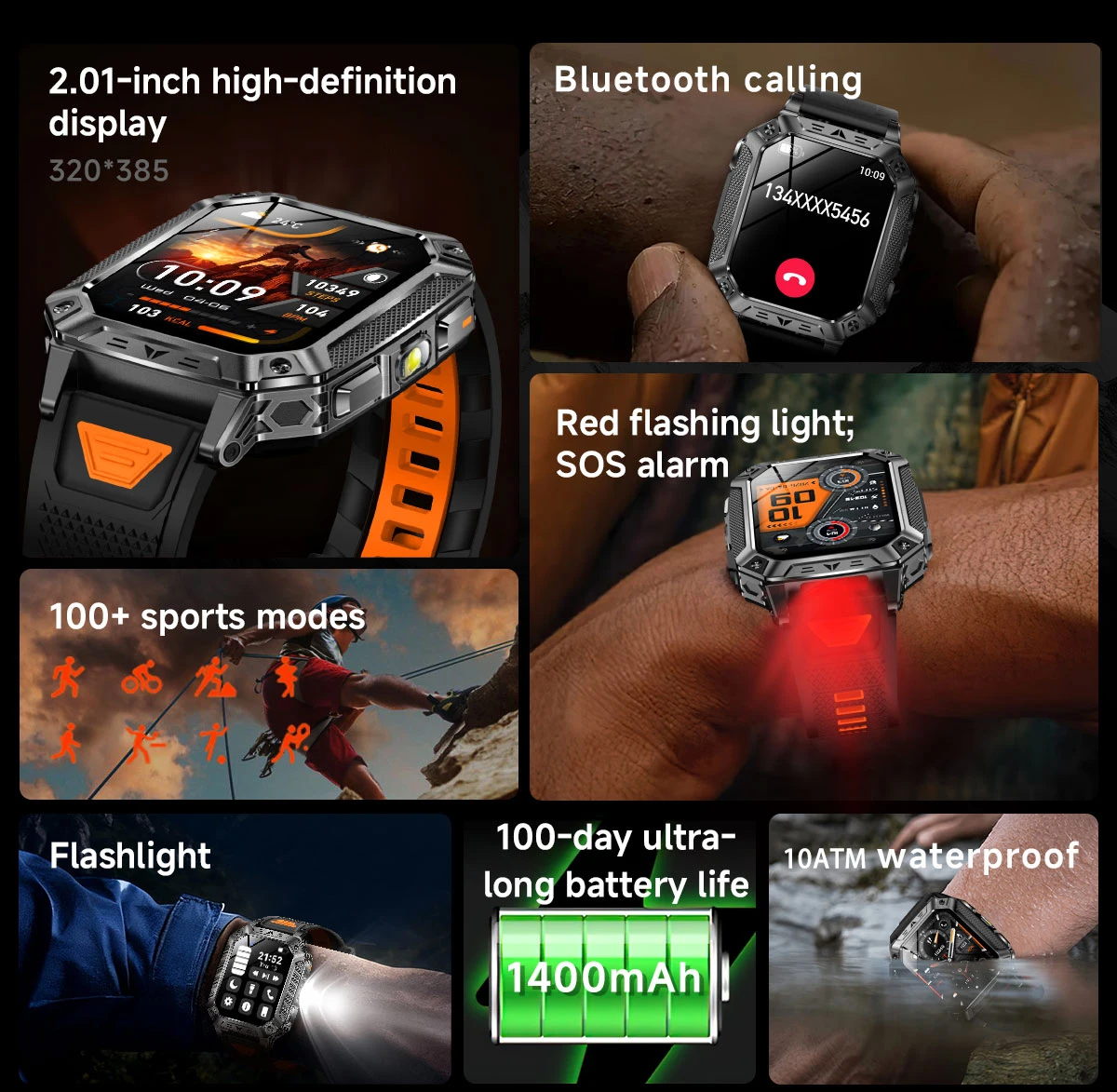 2026 Neue 1400mAh Militär-Smartwatch 10ATM Wasserdicht 2,01" AMOLED SOS+LED-Taschenlampe Herzfrequenz 100+ Sportmodi Fitness-Uhr – Detail 2