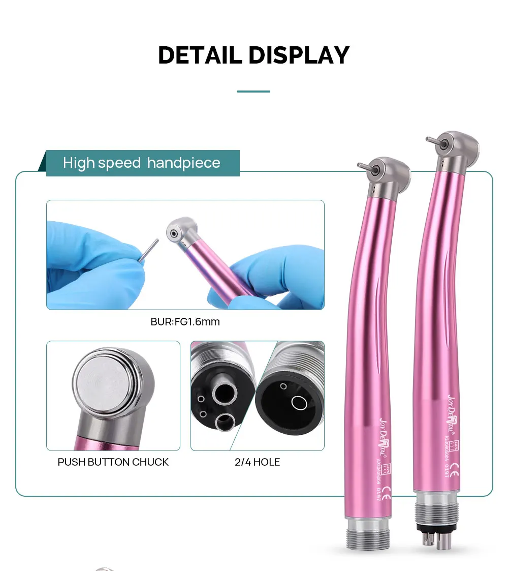 JOY DENTAL Dental Color Handstück-Set mit hoher und niedriger Geschwindigkeit, Druckknopf, Winkelstück, Einweg-Wasserspray, Luftturbine, 2/4 Löcher – Detail 2