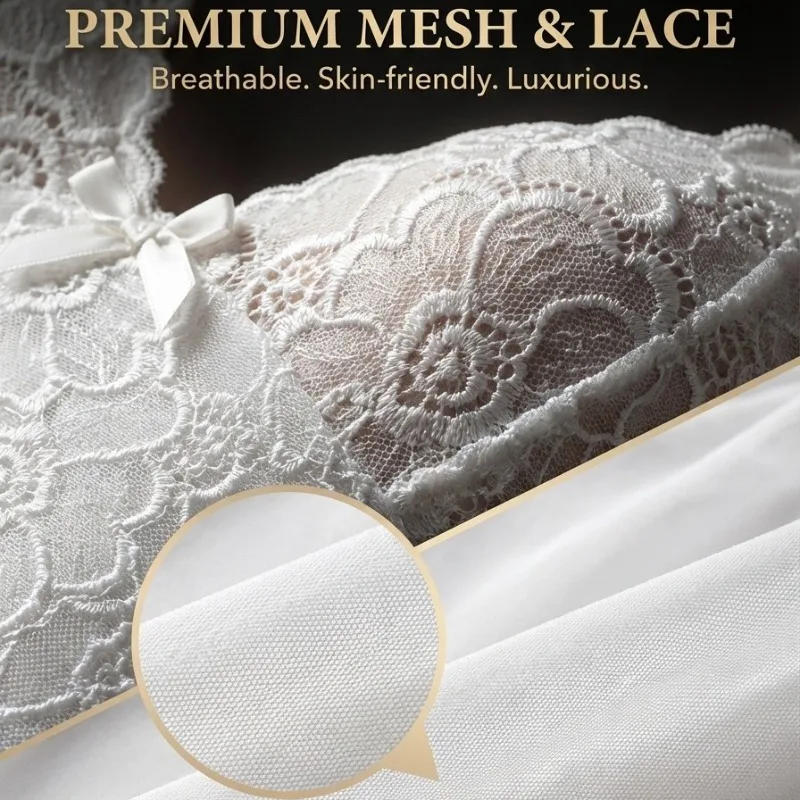 European White Color Lace Camisole Long Nightgown for Women French Style Sheer Mesh Sleep Dress Pure V-Neck Slip Loungewear
