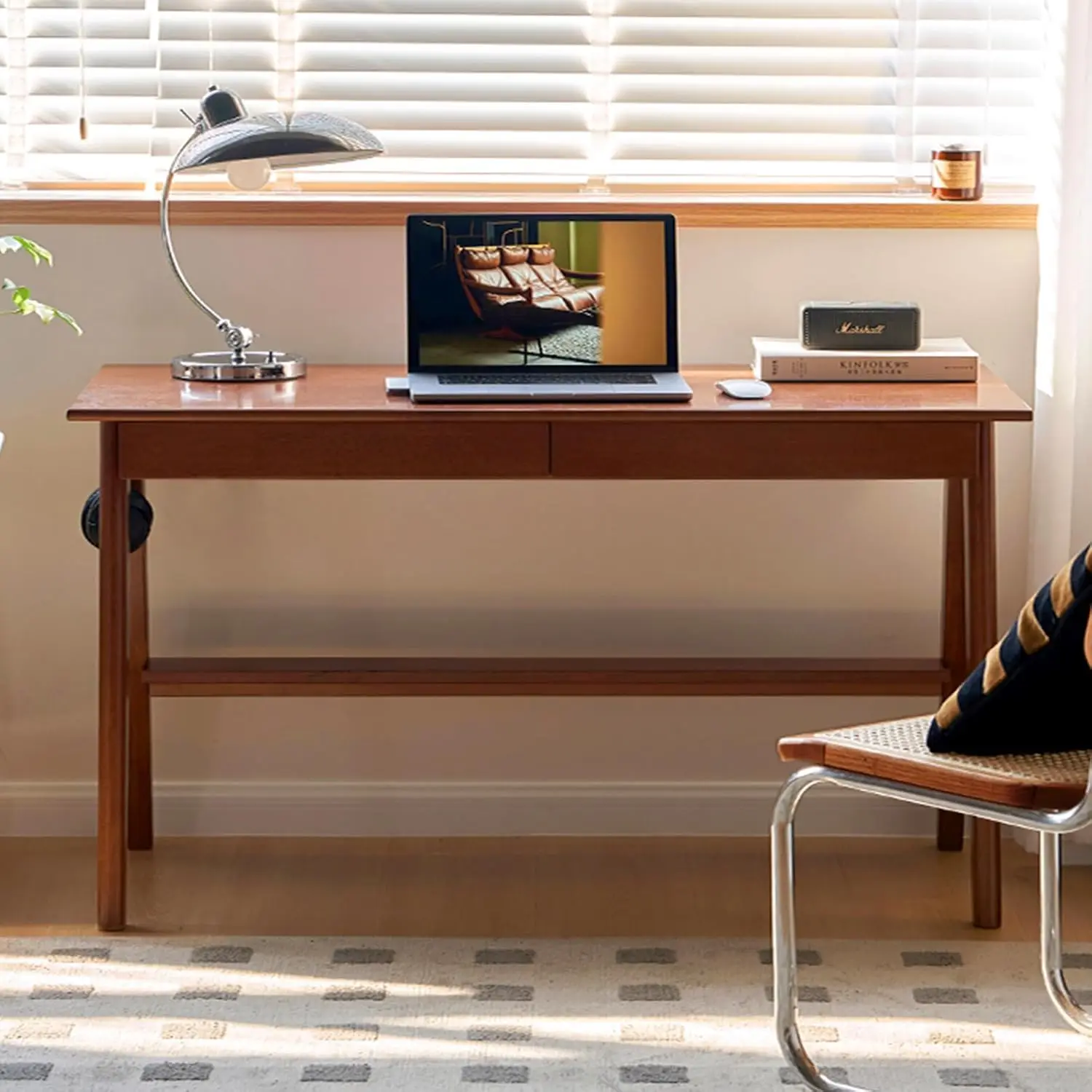 Solid Wood Desk Mid Century Modern Writing Computer Desk with Drawer for Home Office Bedroom 31.49