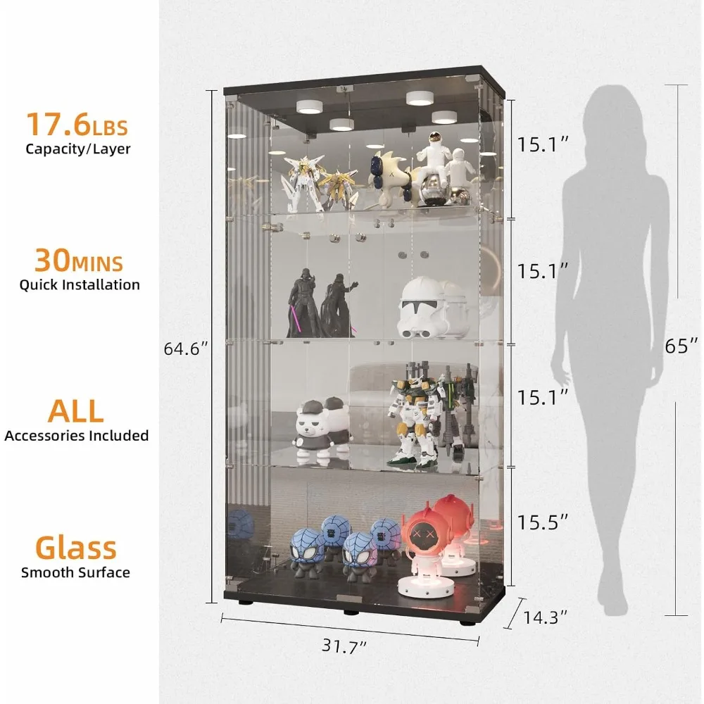 LFT HUIMEI2Y 4-Tier Glass Cabinet with Mirror & LED, Black Display Case