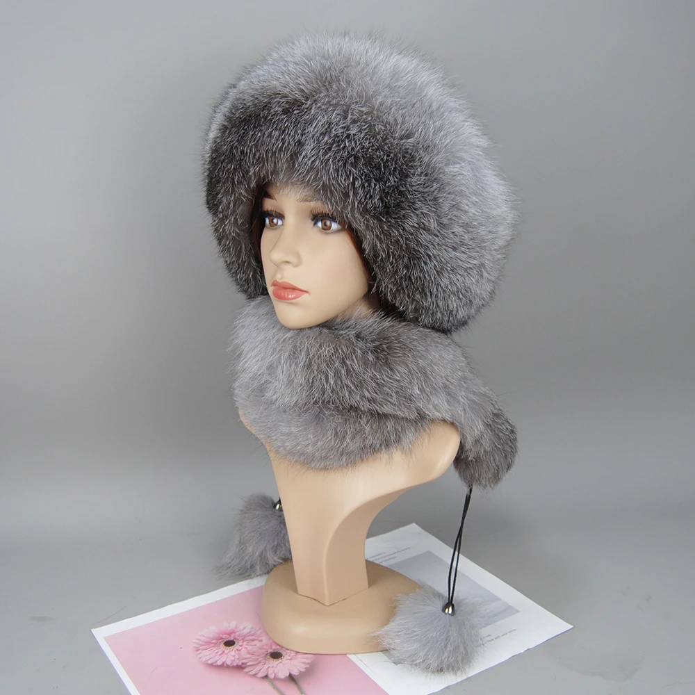 Women Winter Ushanka Hats Bomber Russian Woman Fluffy Trapper Natural Fox Fur Warm Round Ladies Fur Hat Scarf Set