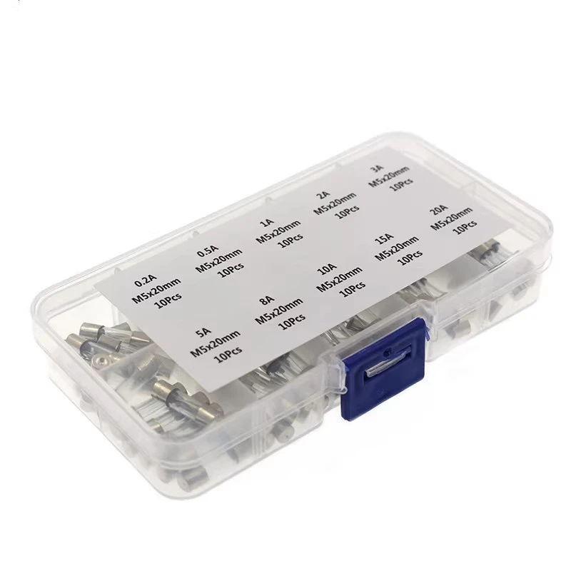 Caja de fusibles de vidrio, 100 piezas, 5x20mm, 10 piezas cada uno, 10 valores de resistencia, fusible 0.2A-20A