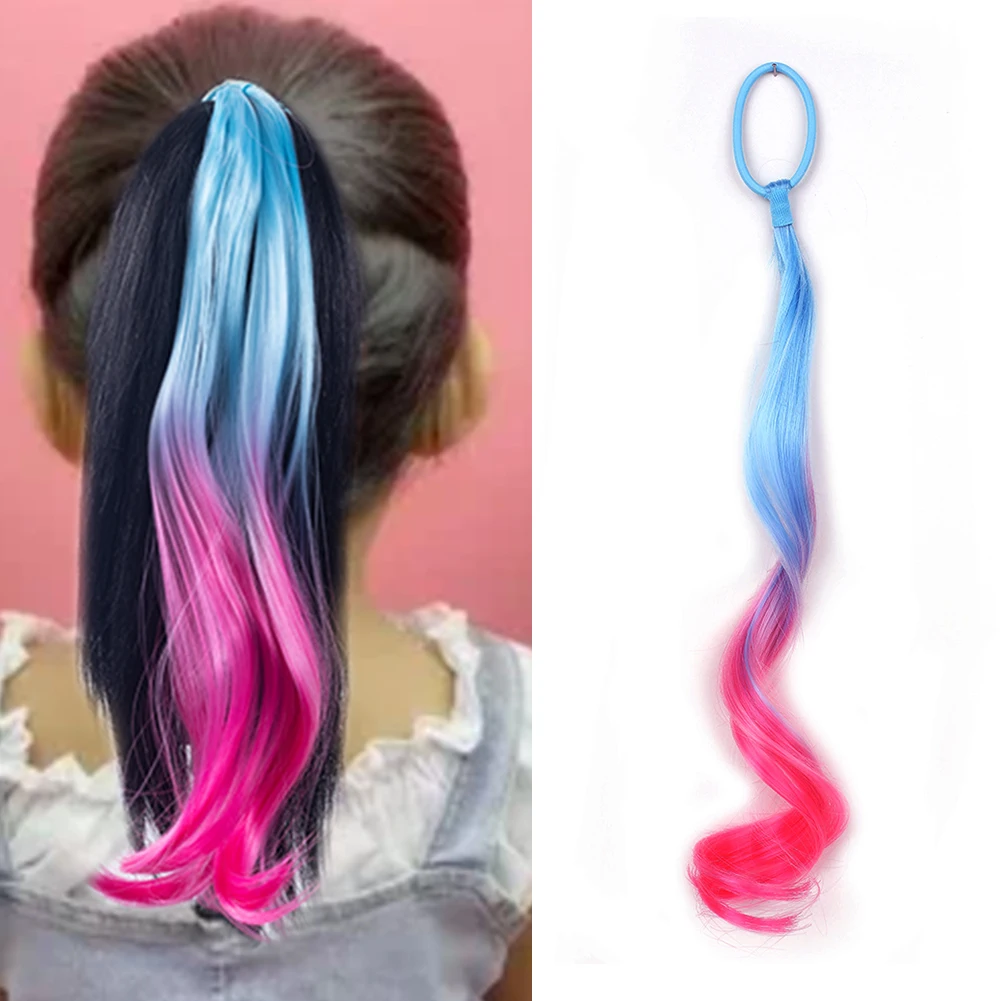 

Colored Synthetic Hair Extensions with Rubber Bands Rainbow Ponytail Hair Accessories Curly ponytail Hairpiece for Girls Kids
