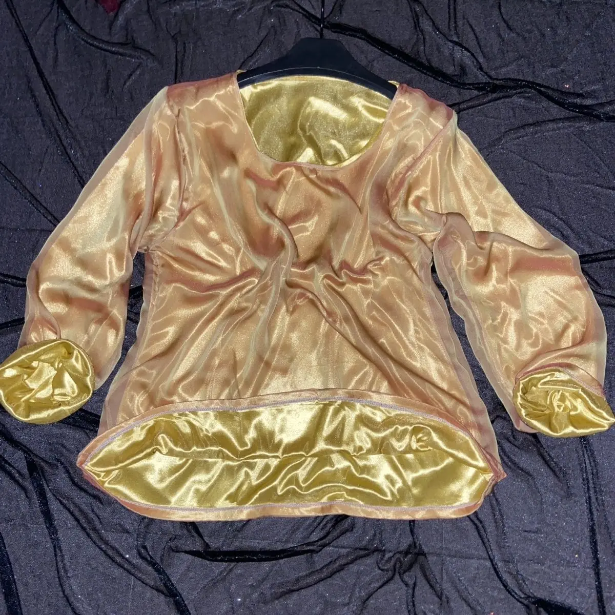 Plus Size Men Silky Touch T Shirt  Gold Voile Outside Ice Silk Inside Glossy Soft Pajamas Round Neck Pullover Long Sleeve Top