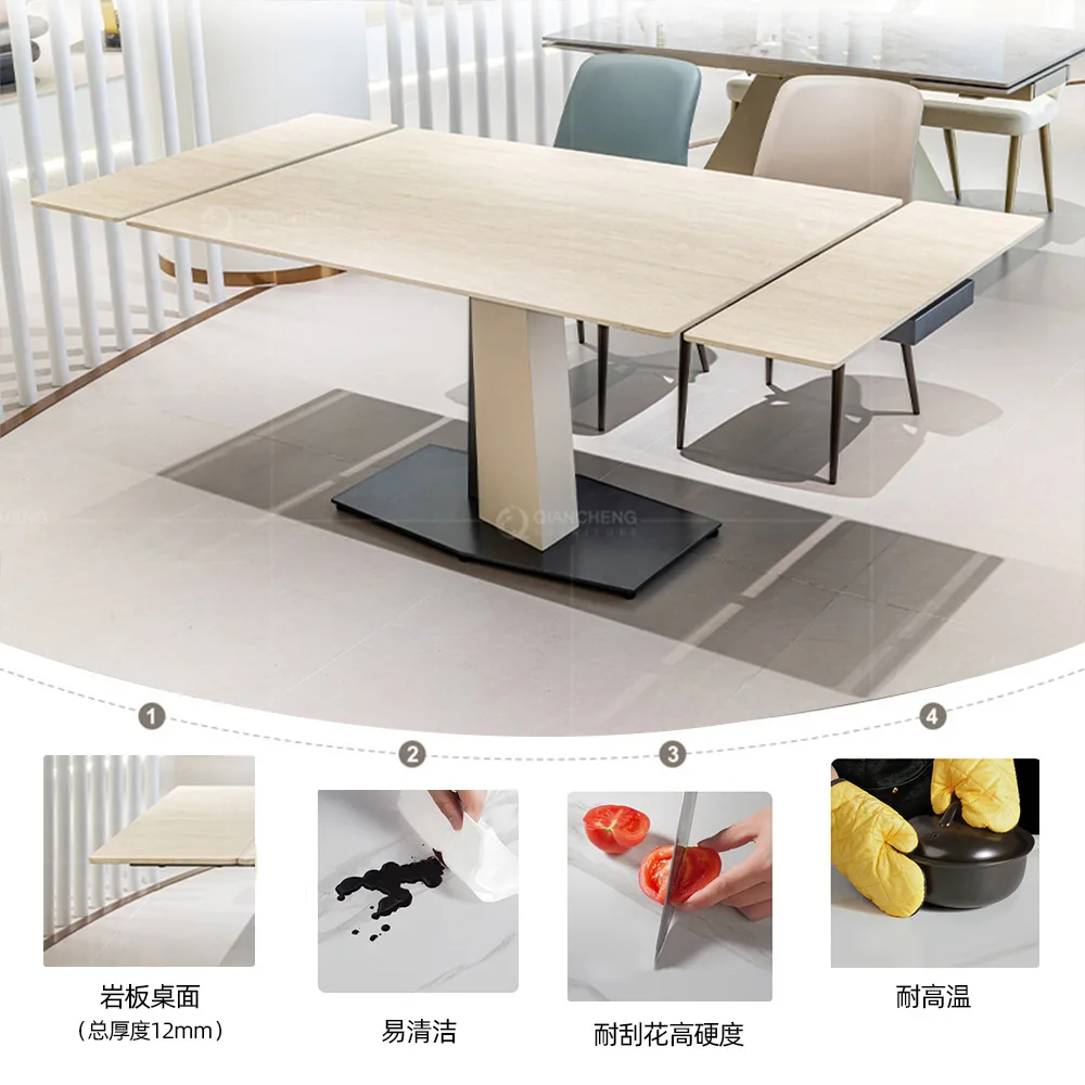 functional retractable dining table, modern light luxury 10-person rectangular rock slab dining table