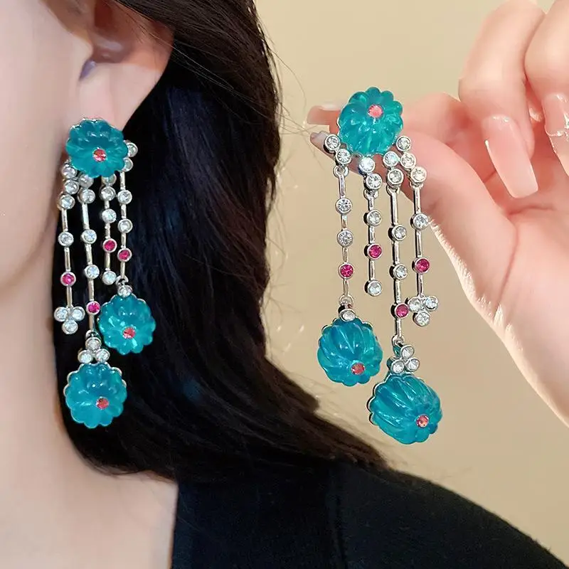 Statement Blue Crystal Resin Tassel Drop Dangle Earrings For Women Luxury New Large Pendientes