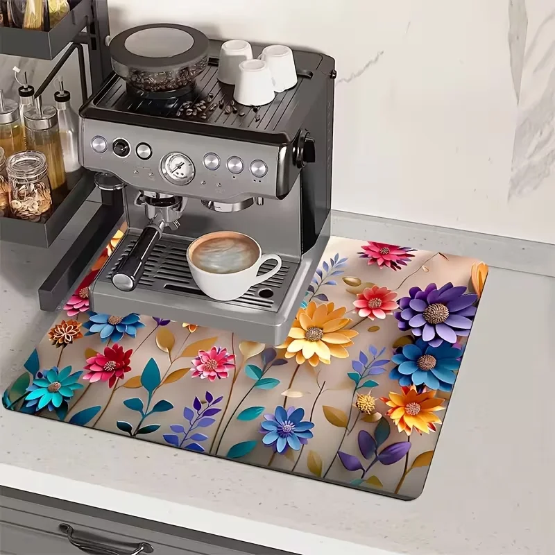 Floral Pattern Drainage Mat Coffee Machine Mat Table Mat Suitable for Kitchen Dining Room Living Room Can Be Given As A Gifts
