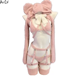 AniLV Pink Bear Hooded Sweater Uniform Outfits Women Cute Mouse Clothes Cosplay Costume