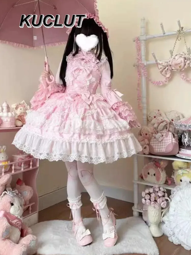

Lolita Style Ball Gown Sweet and Cute Elegant Dress Long Sleeve Shirt and JSK Strap Dresses Set for Women Spring Autumn
