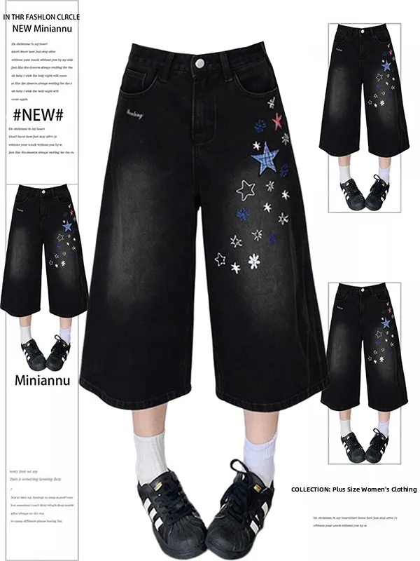 

Summer Thin Wide Leg Black Denim Shorts Women's Embroidered Star High Waist Loose Fit Casual Jeans Cotton Blend Polyester